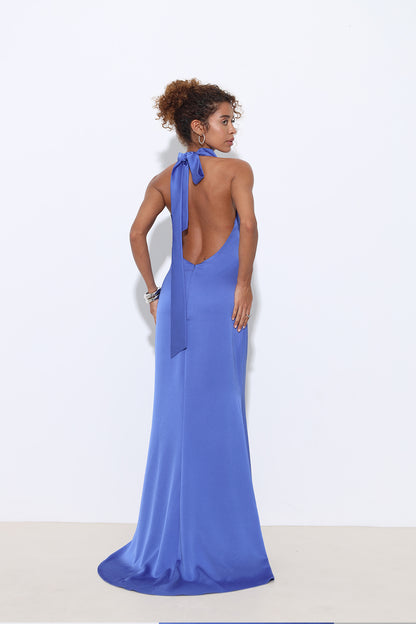 Halley Halter Yaka Uzun Saten Elbise
