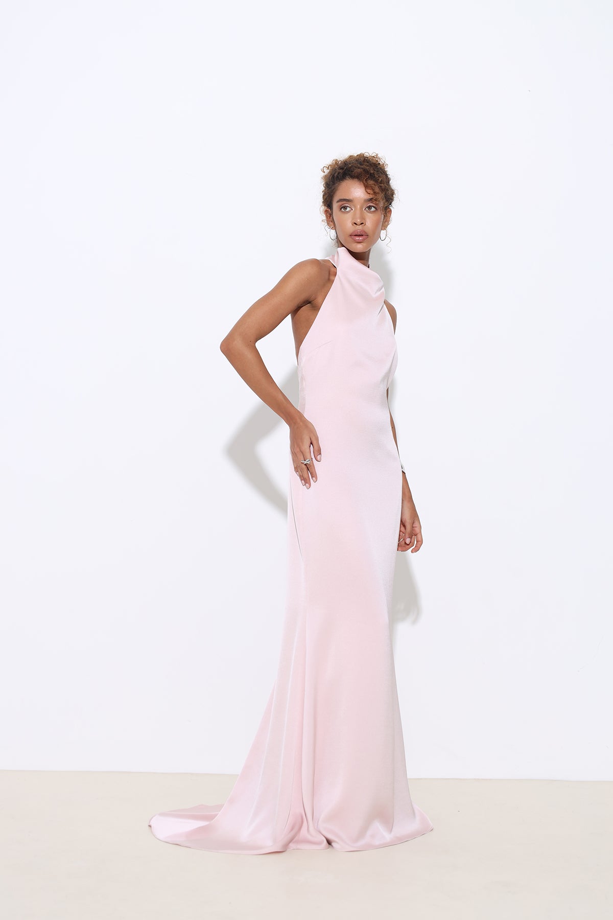 Halley Halter Neck Powder Pink Maxi Satin Dress