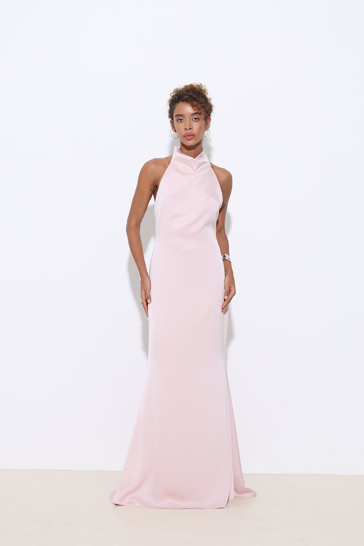Halley Halter Neck Powder Pink Maxi Satin Dress