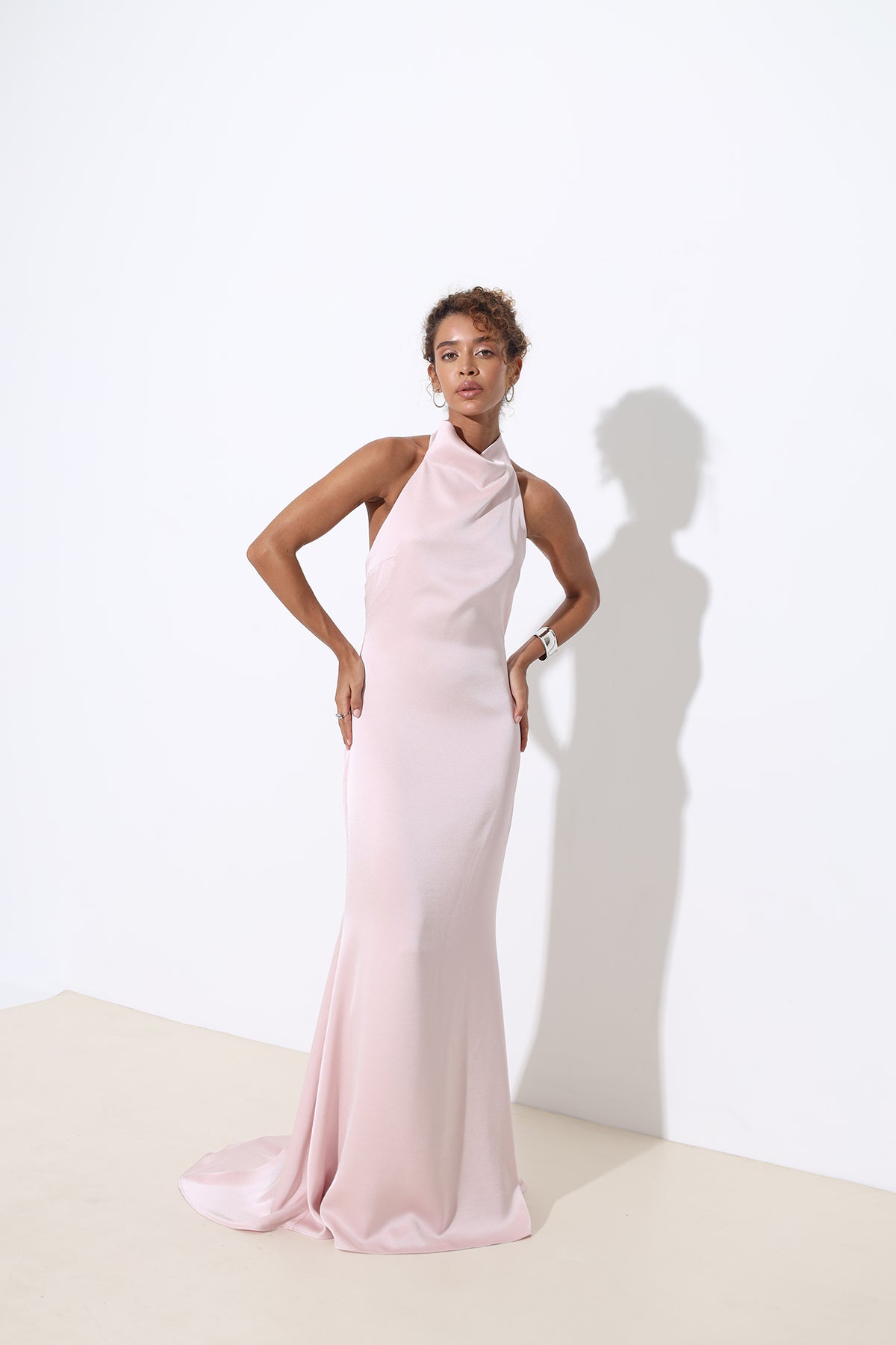 Halley Halter Neck Powder Pink Maxi Satin Dress