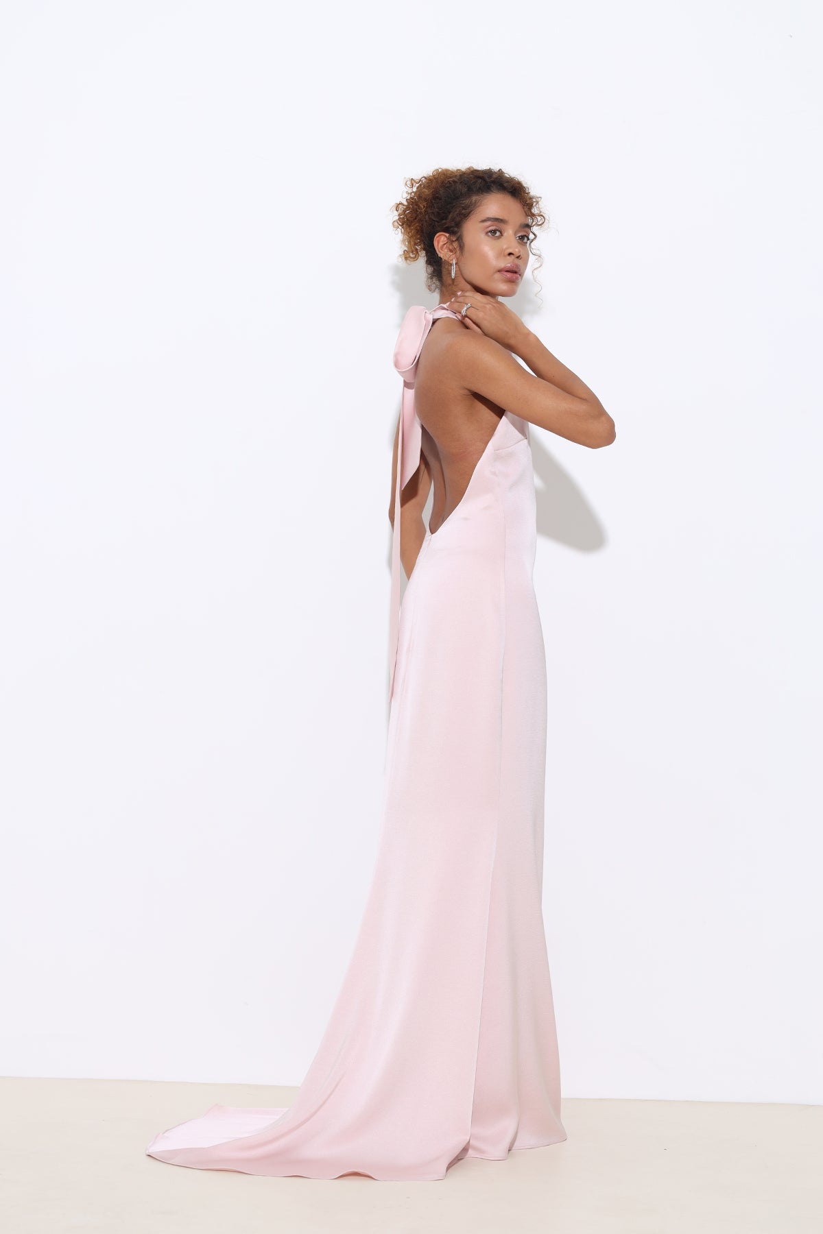 Halley Halter Neck Powder Pink Maxi Satin Dress
