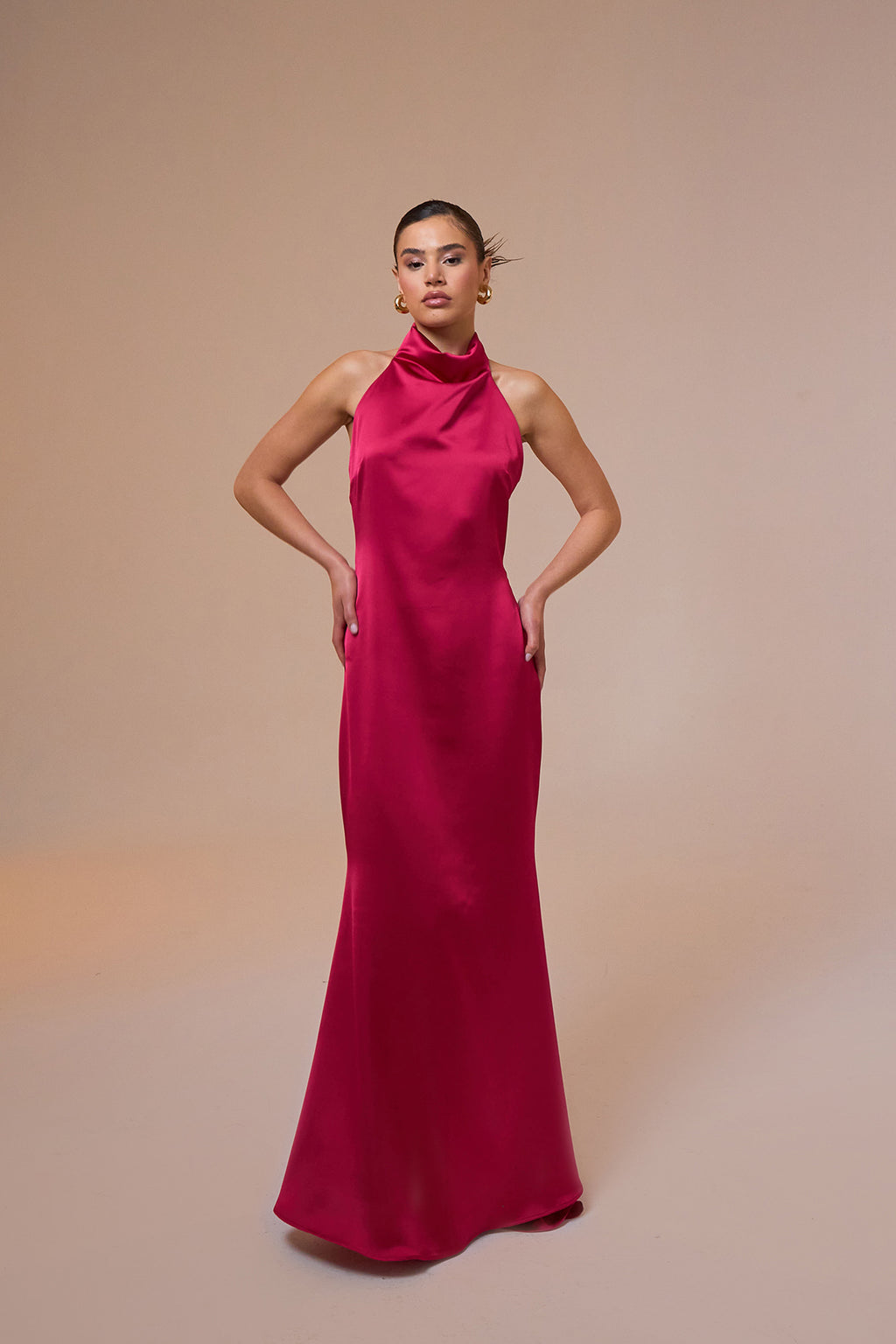 Halley Halter Neck Pink Maxi Satin Dress