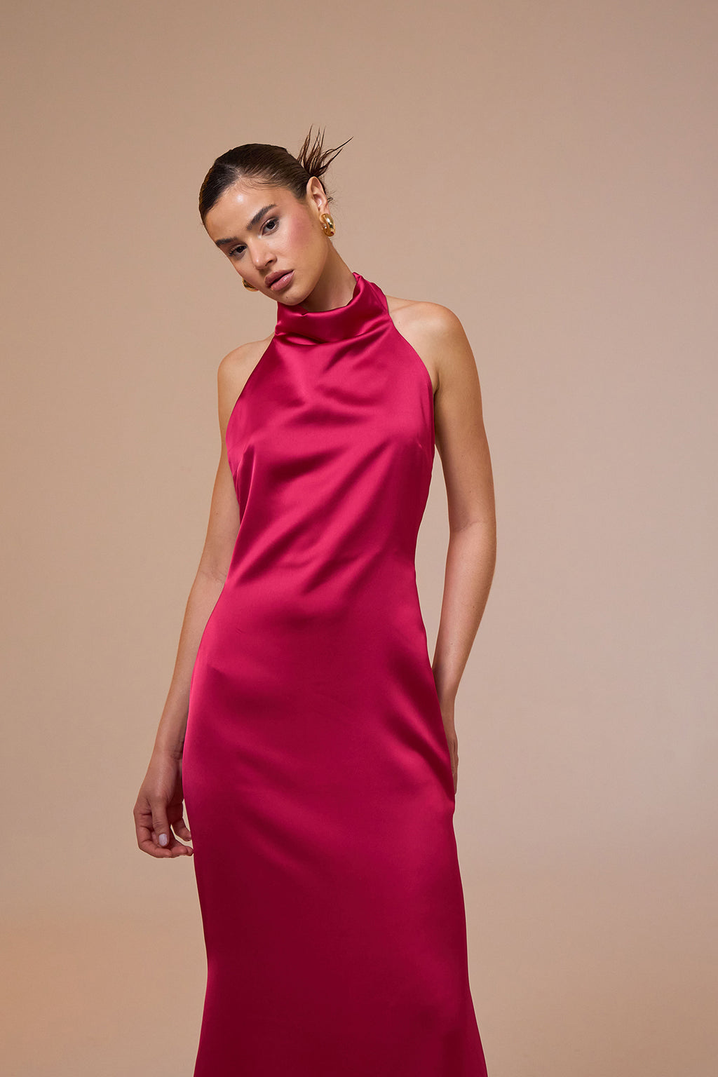 Halley Halter Neck Pink Maxi Satin Dress