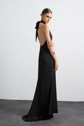 Halley Halter Neck Black Maxi Satin Dress