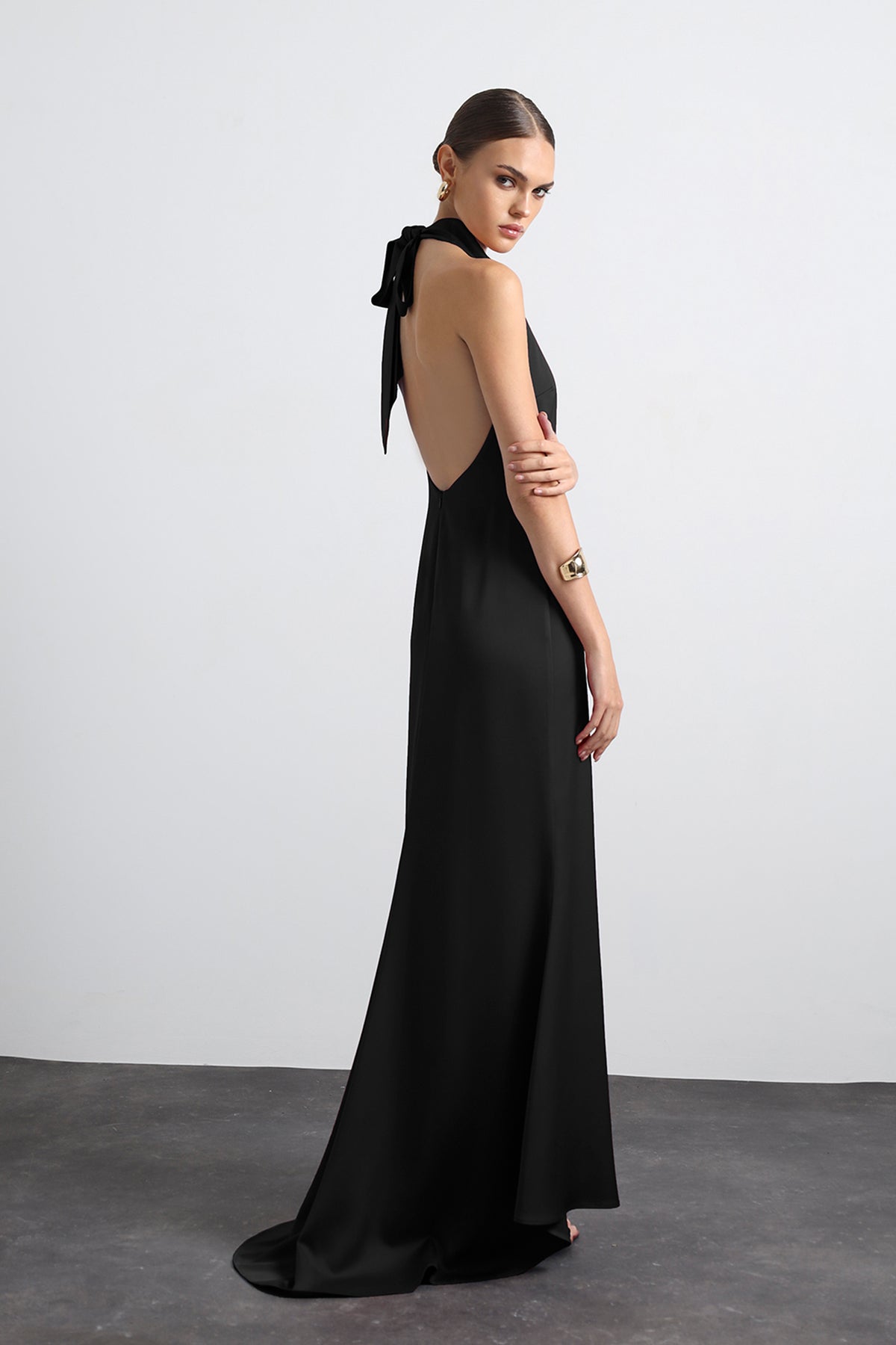 Halley Halter Neck Black Maxi Satin Dress