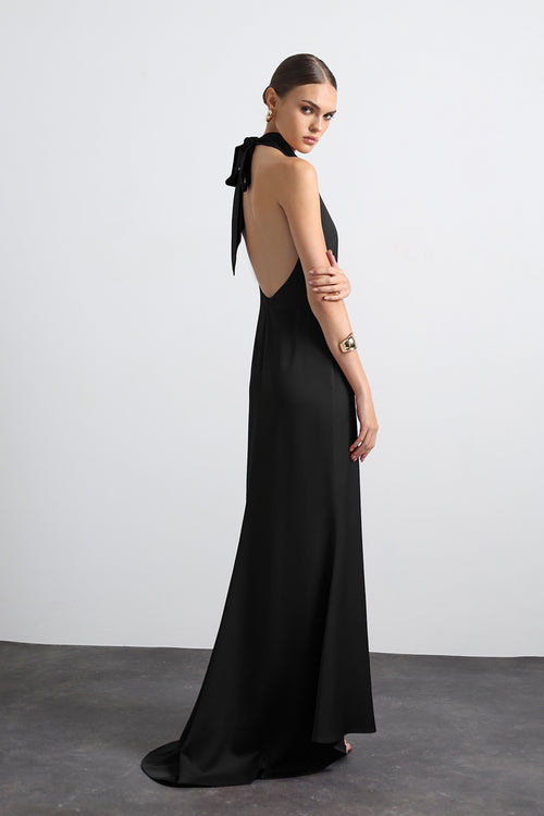 halter black satin dress Maxi | Open Back Dress with Train black satin cowl neck dress