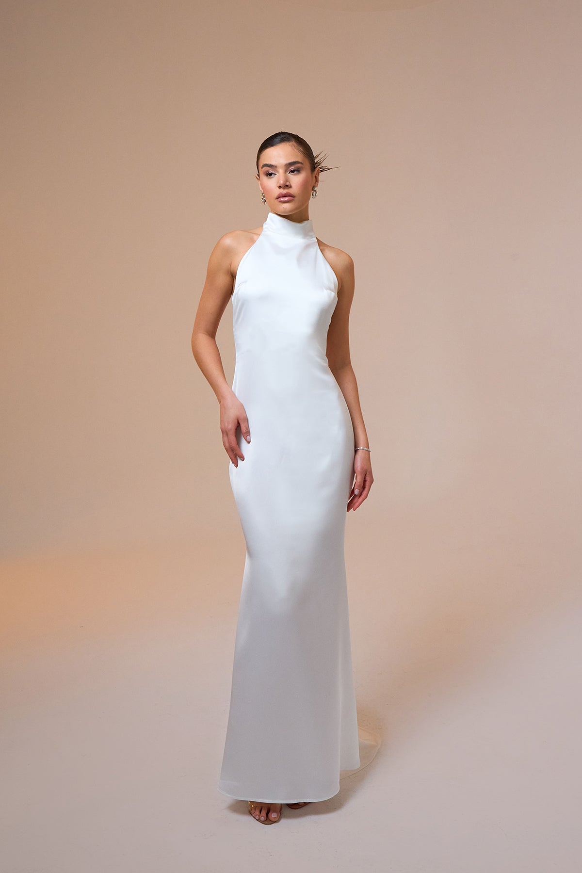 Halley Halter Neck White Maxi Satin Dress Mozto Halley Halter Neck White Maxi Satin Dress Mozto