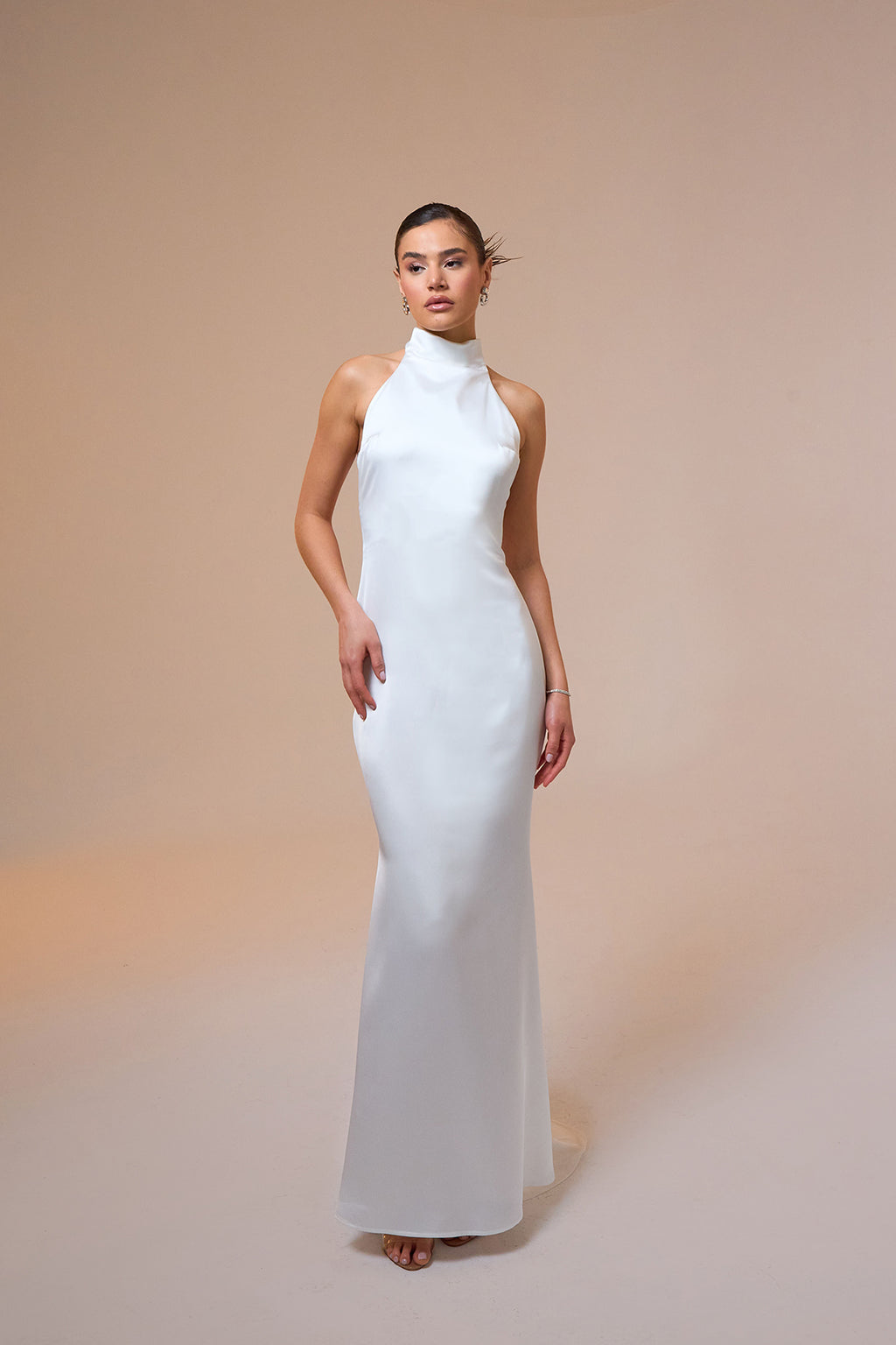 Halley Halter Neck White Maxi Satin Dress