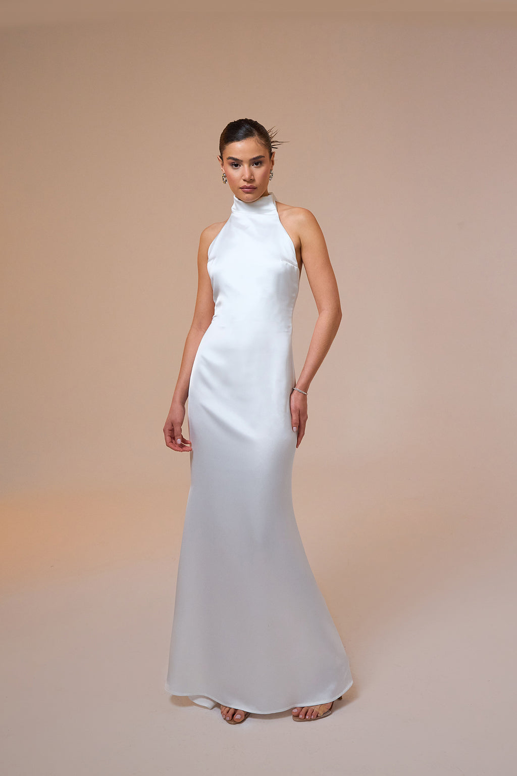 Halley Halter Neck White Maxi Satin Dress