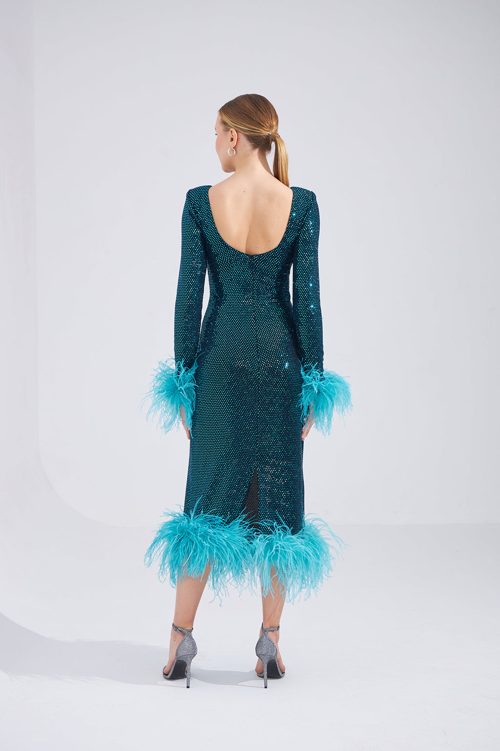 Patrice Blue Feathered Midi Dress