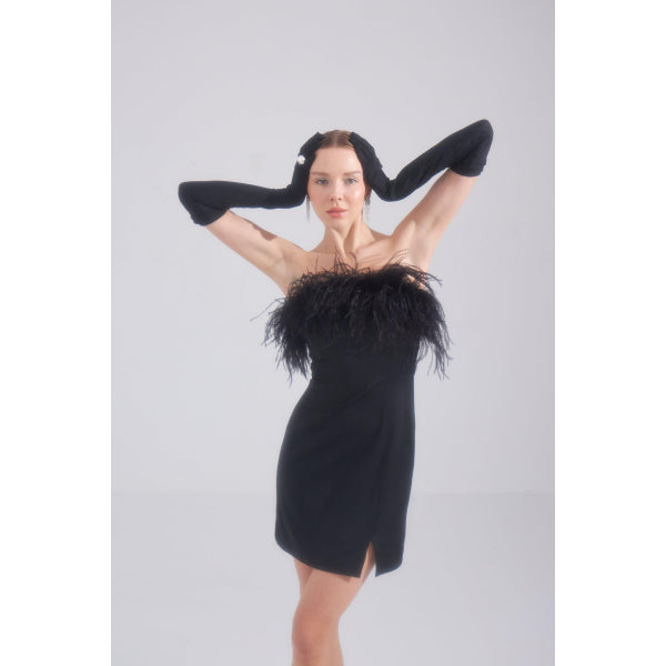 Liana Feathered Black Mini Dress