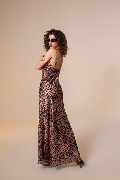 Jace Satin Leopar Print Maxi Slip Dress