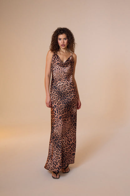 Jace Satin Leopar Print Maxi Slip Dress