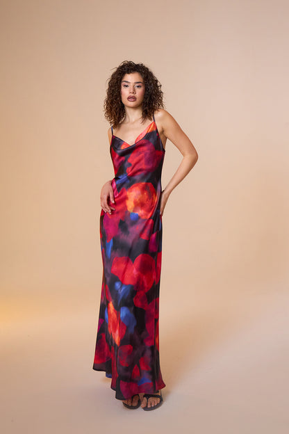 Jace Satin Multicolor Print Maxi Slip Dress