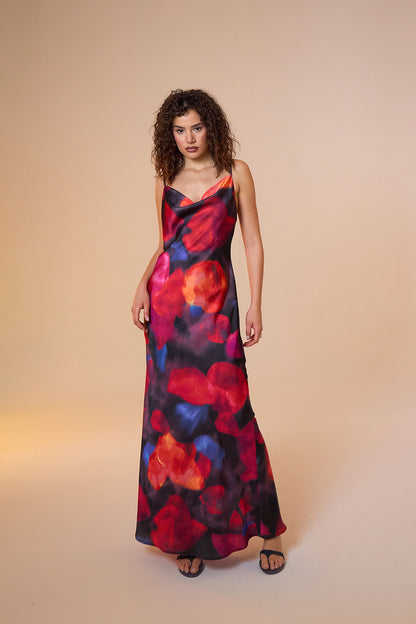 Jace Satin Multicolor Print Maxi Slip Dress