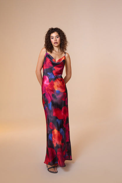 Jace Satin Multicolor Print Maxi Slip Dress