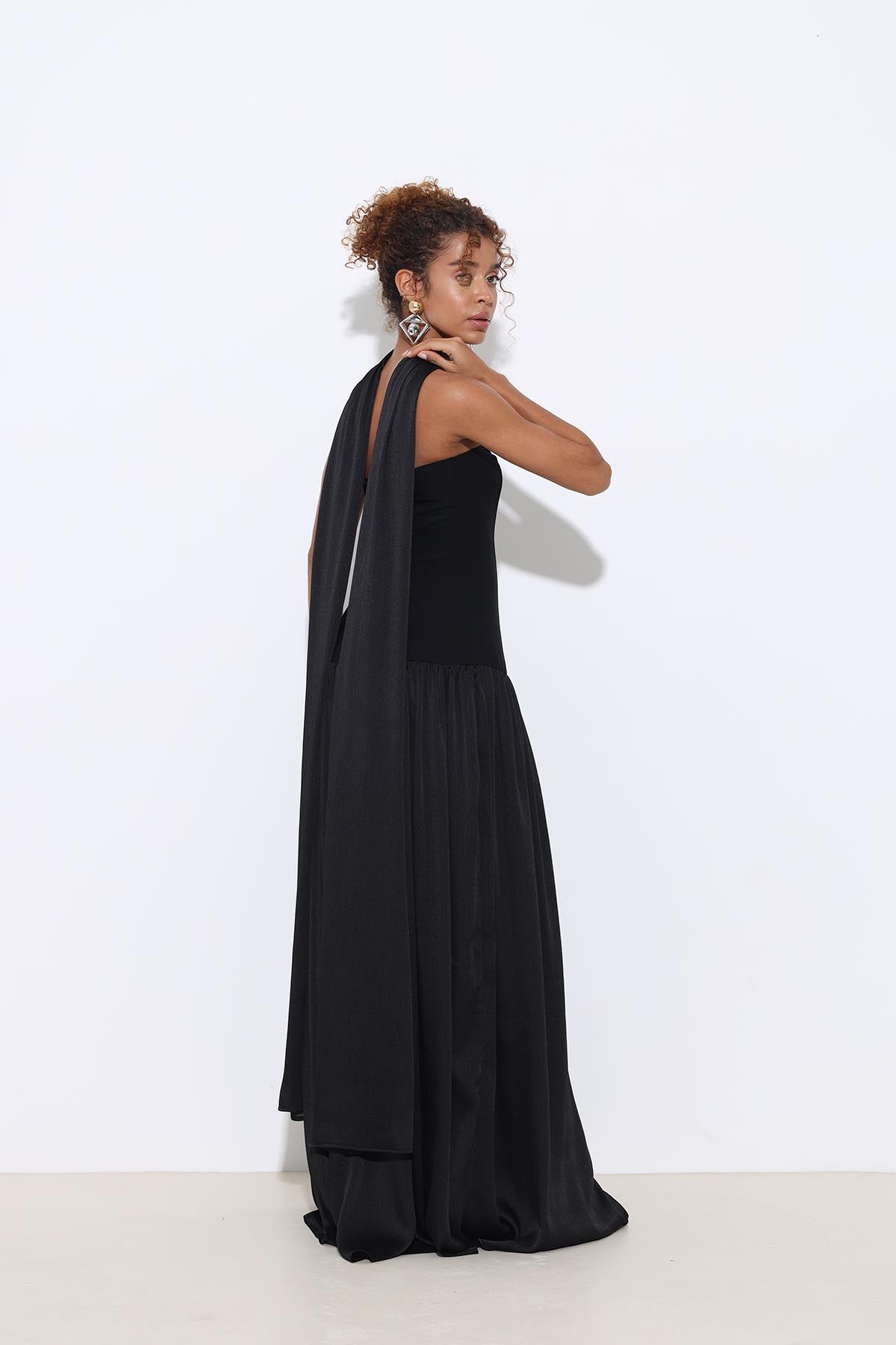 strapless black dress with scarf Women's Black Woven Scarf Detail Bandeau Shift Dress