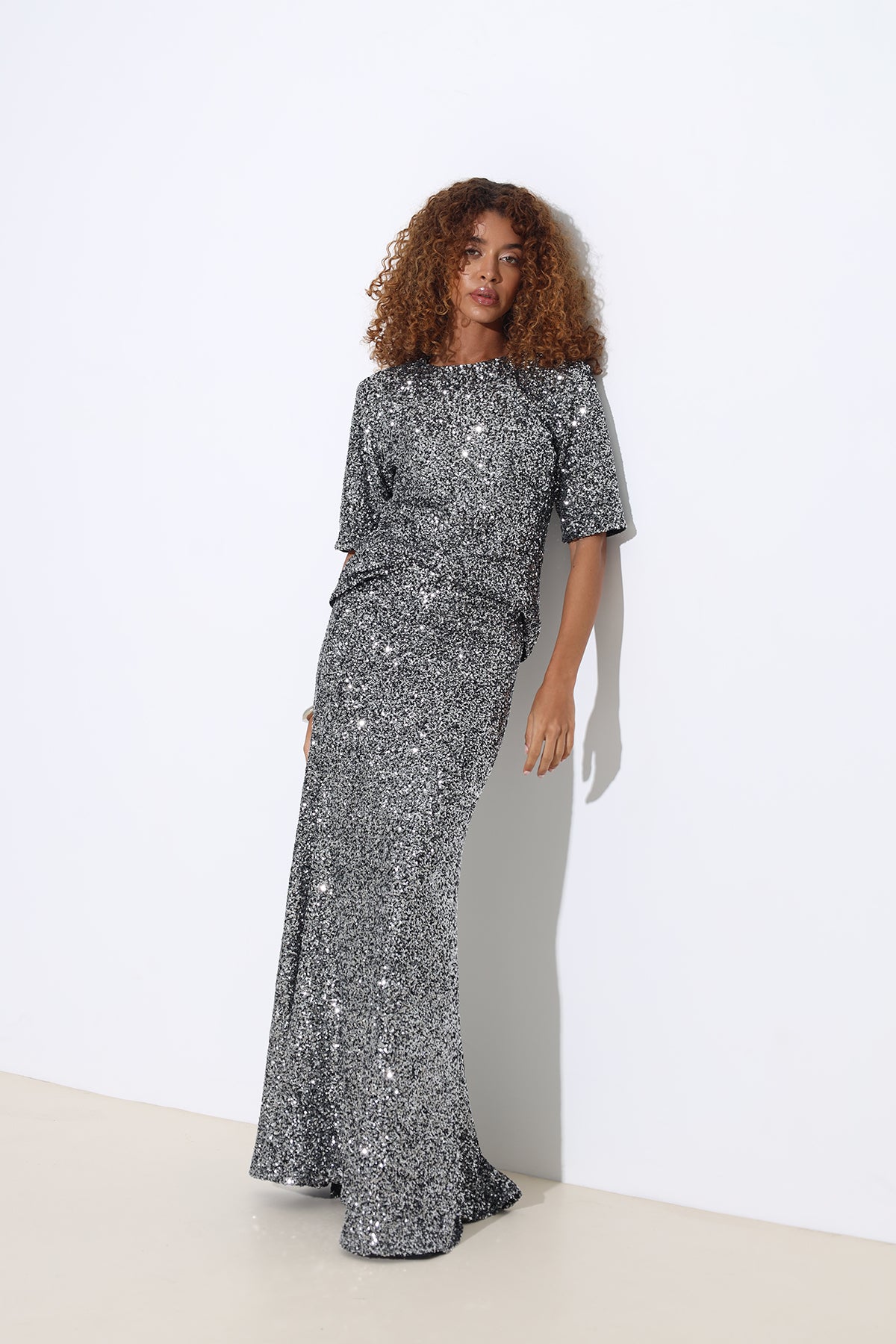Aila Sequined Maxi Silver Skirt