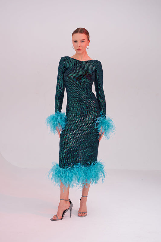 Patrice Blue Feathered Midi Dress