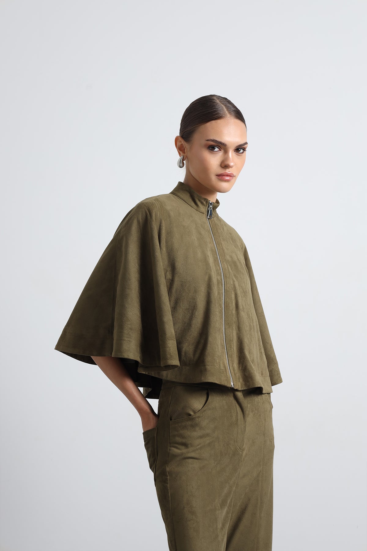 Lenia Green Suede Poncho
