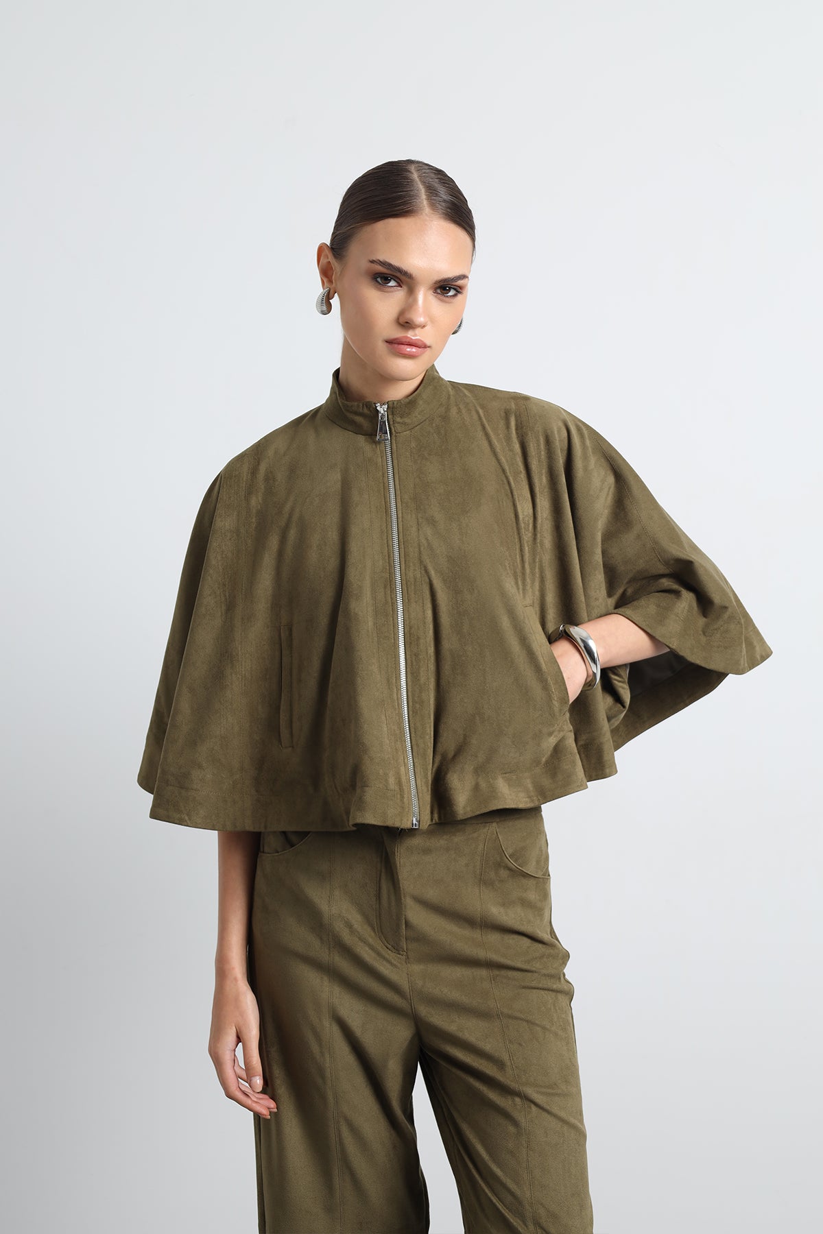 Lenia Green Suede Poncho