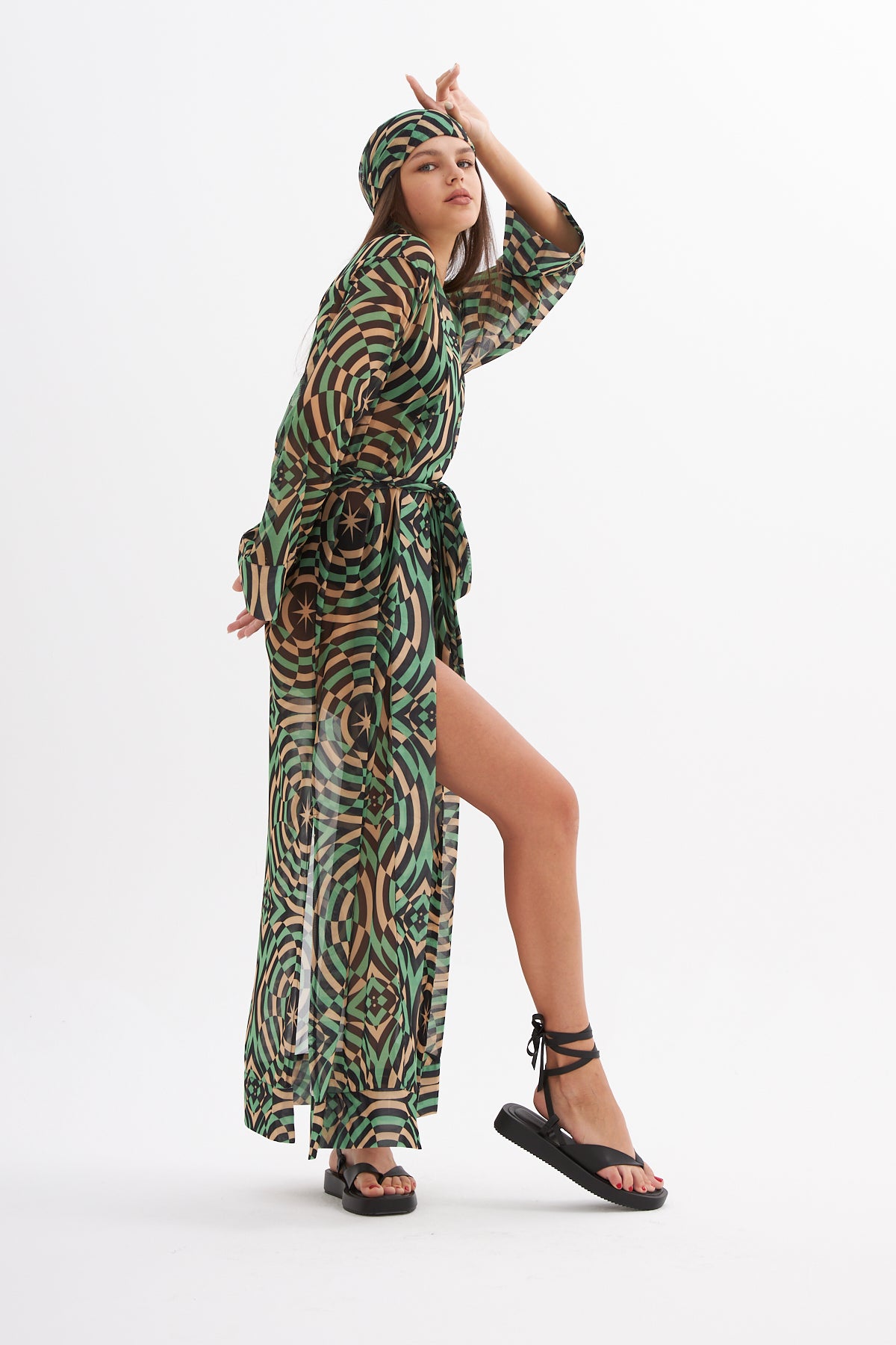 Madelyn Geometric Printed Green Mesh Kimono