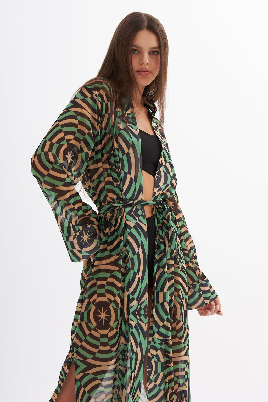 Madelyn Geometric Printed Green Mesh Kimono