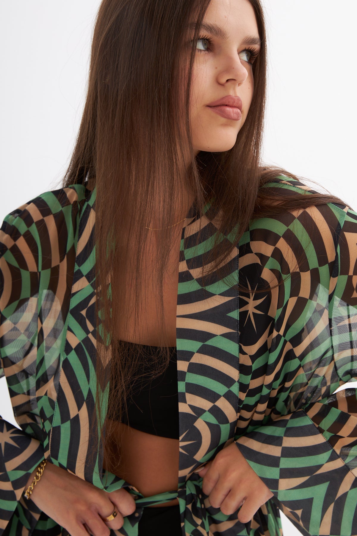 Madelyn Geometric Printed Green Mesh Kimono