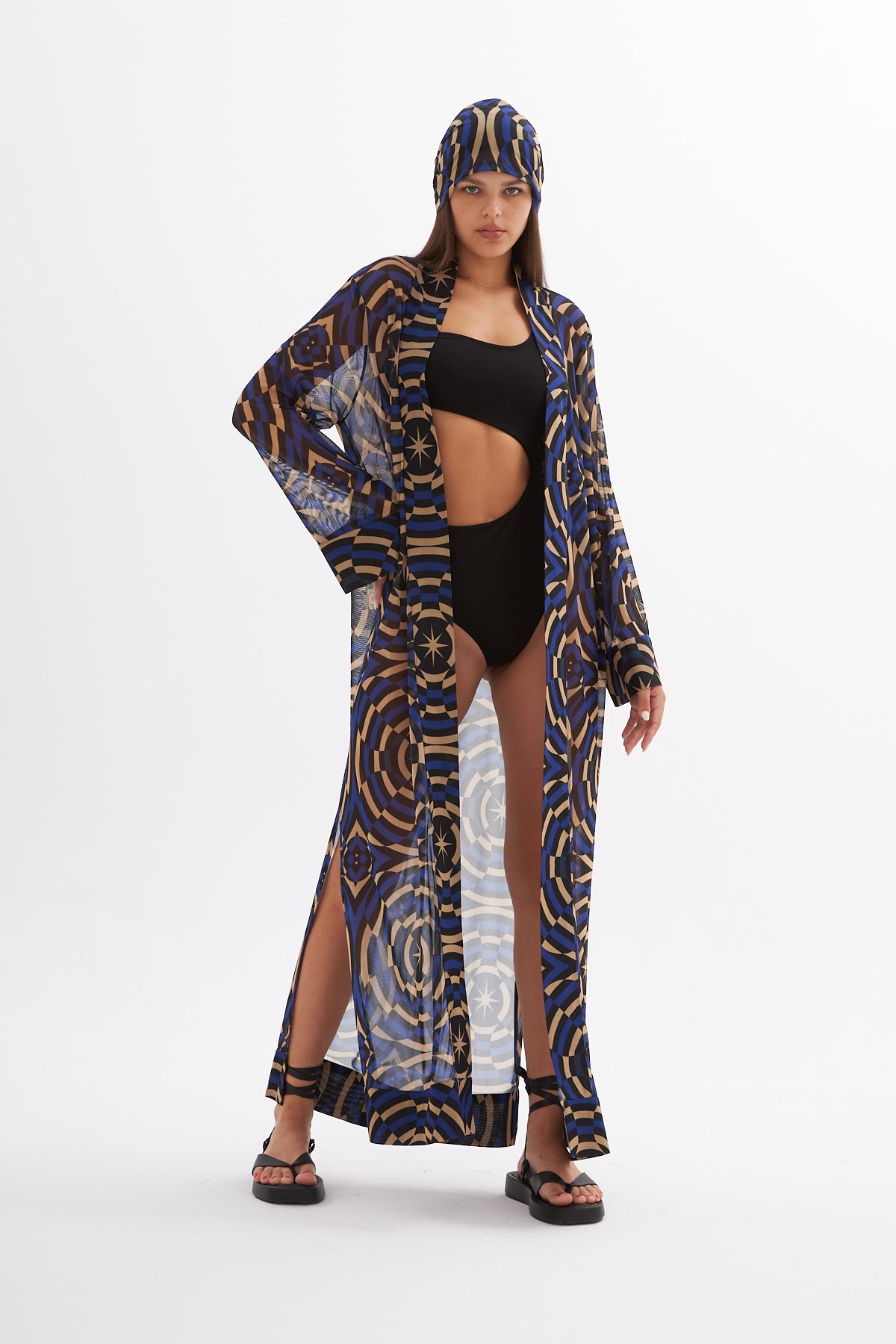 Madelyn Geometric Printed Blue Mesh Kimono