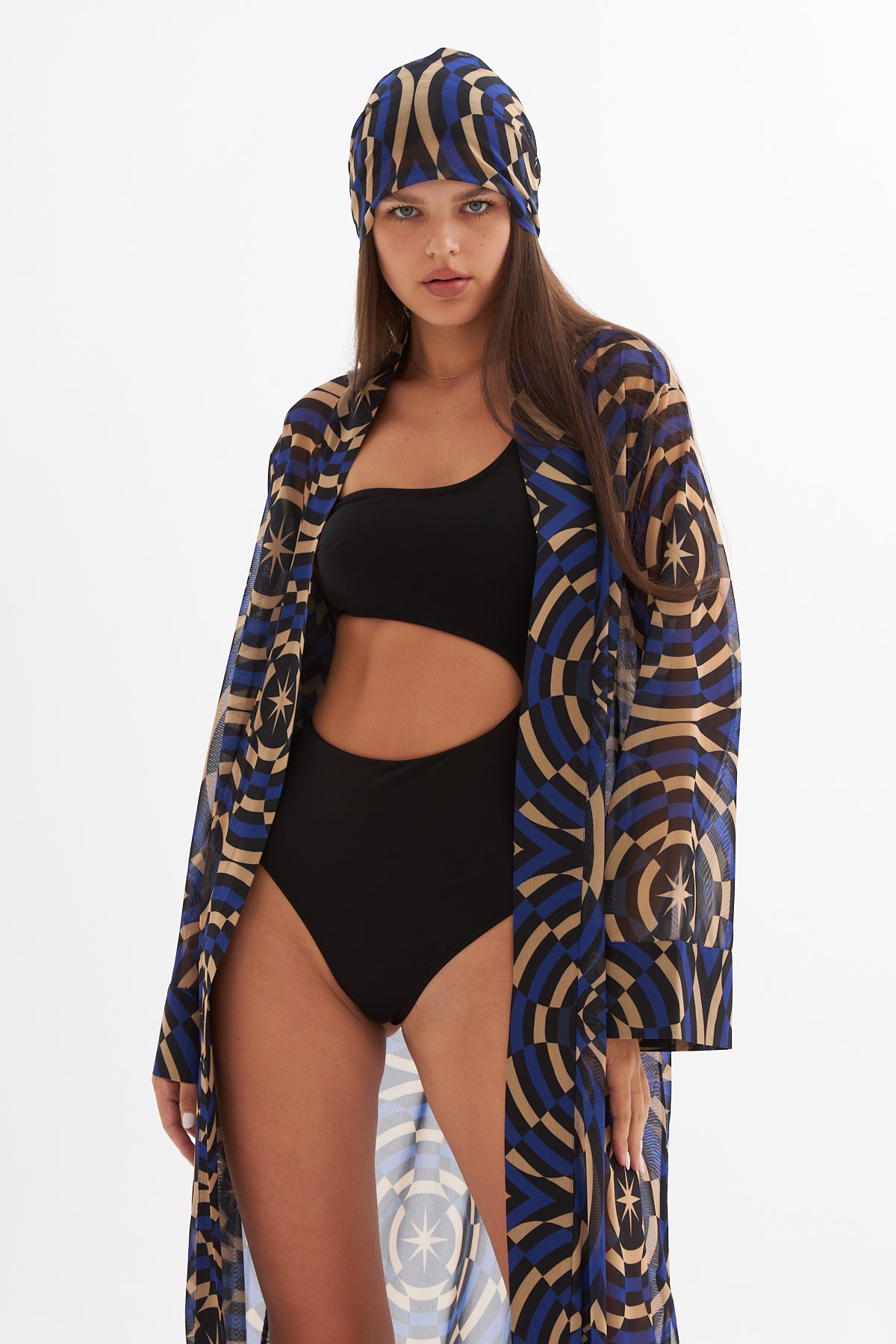 Madelyn Geometric Printed Blue Mesh Kimono
