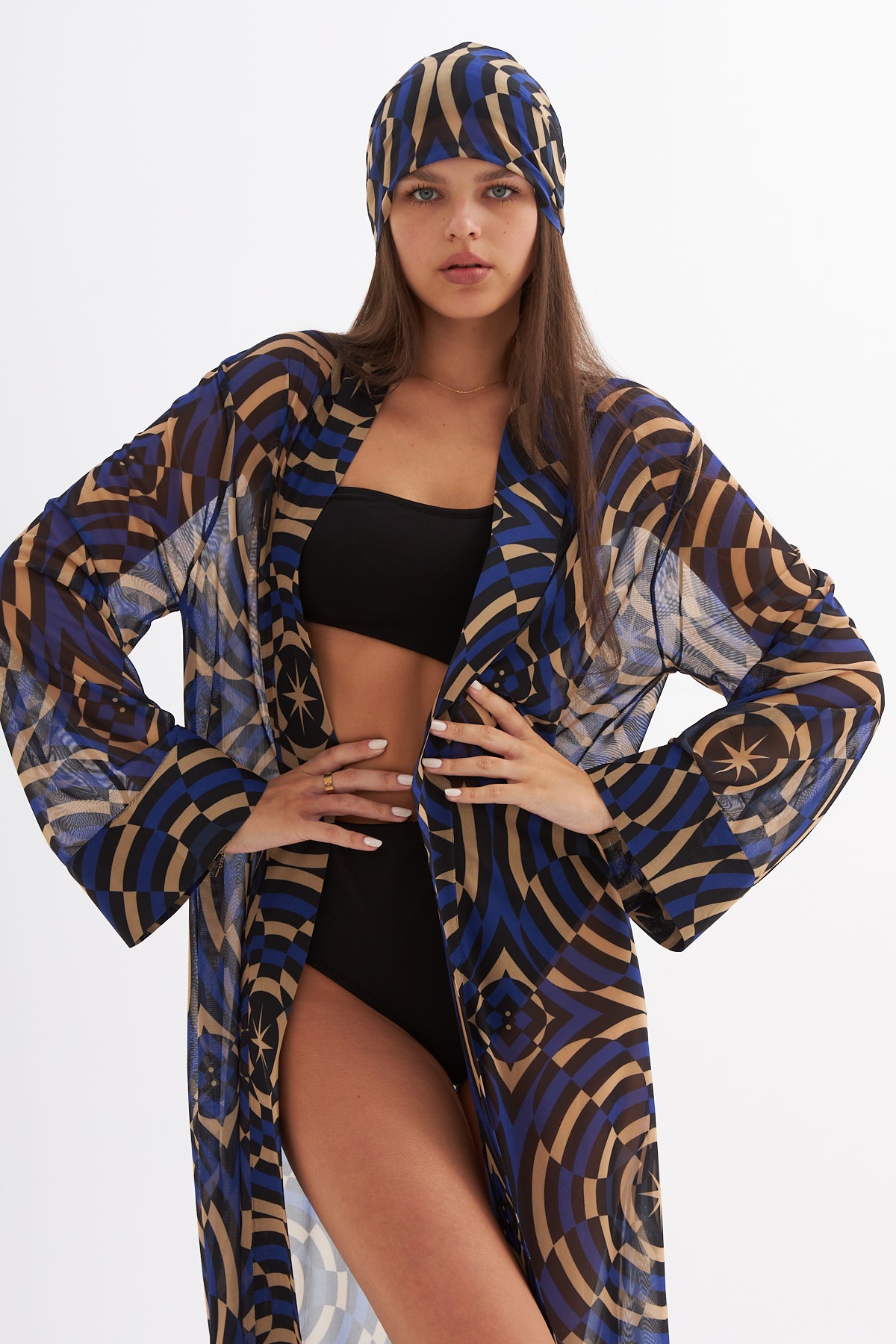 Madelyn Geometric Printed Blue Mesh Kimono