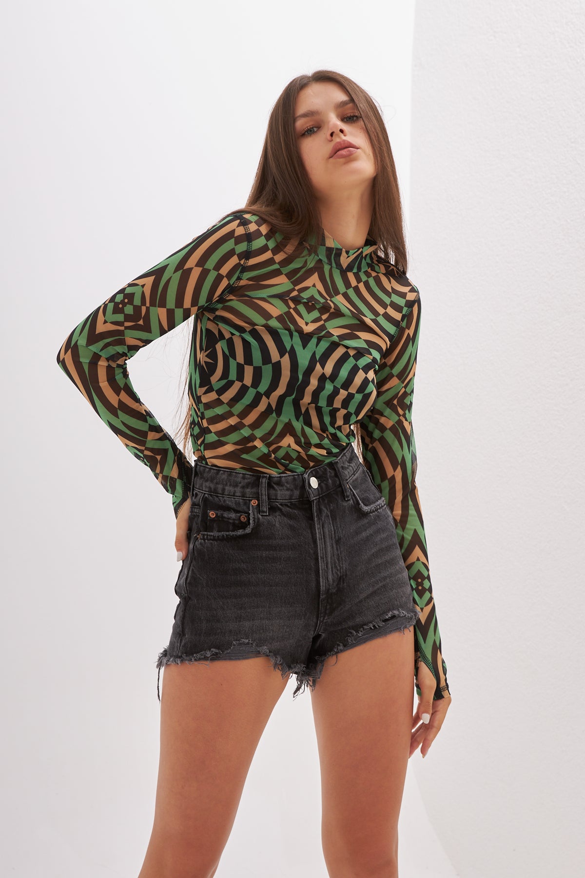 Nora Geometric Printed Green Mesh Body