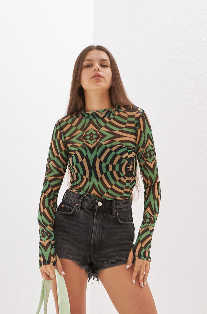 Nora Geometric Printed Green Mesh Body