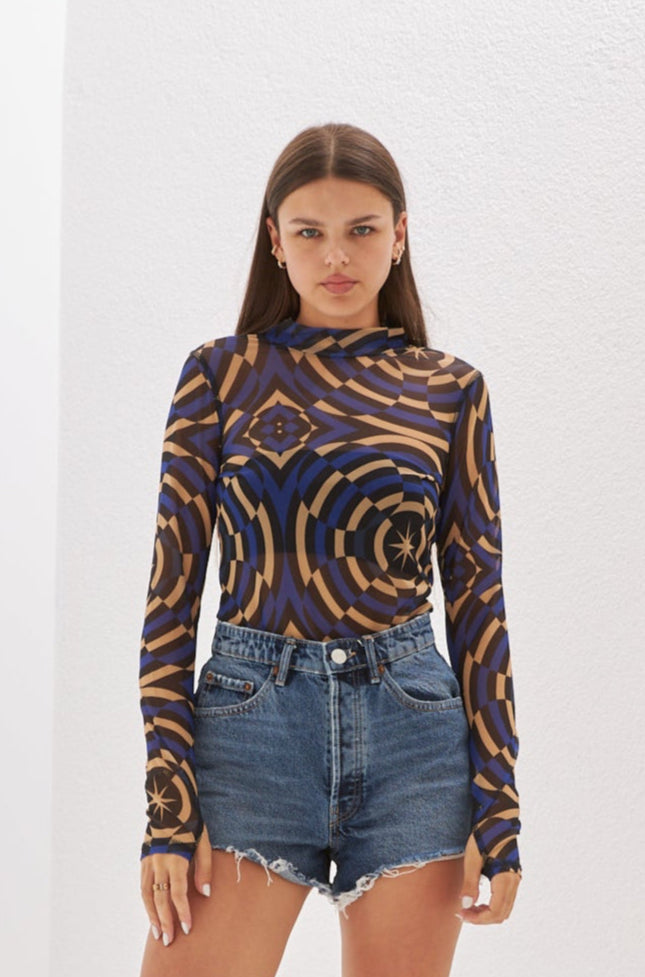 Nora Geometric Printed Blue Mesh Body
