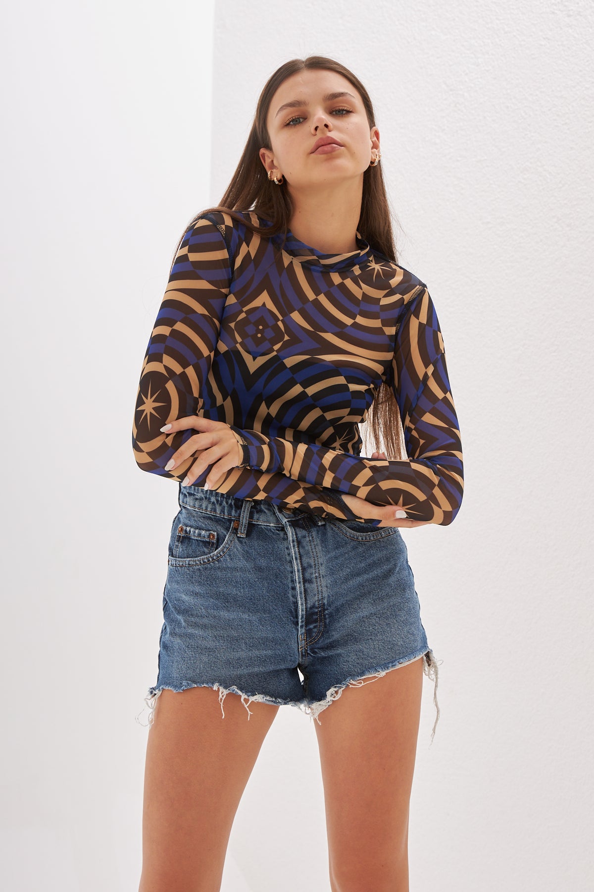 Nora Geometric Printed Blue Mesh Body