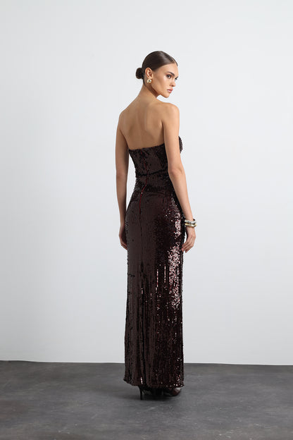 Marisse Burgundy Maxi Sequined Dress