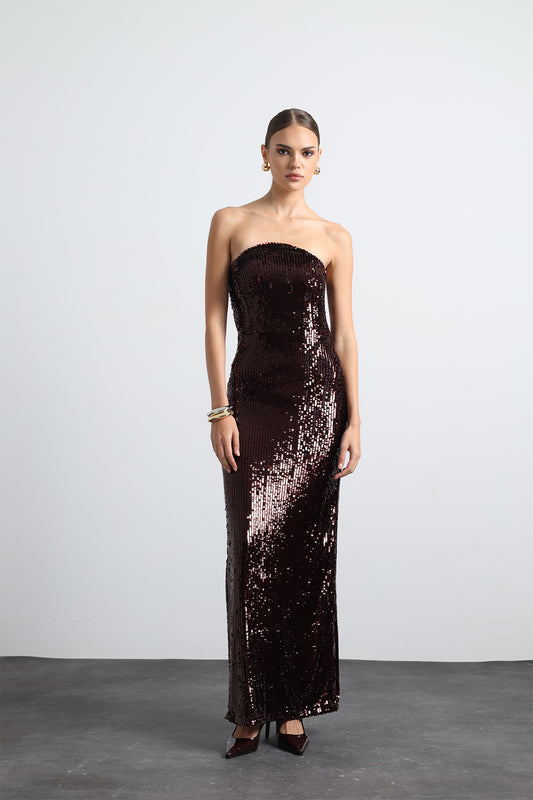 Marisse Burgundy Maxi Sequined Dress