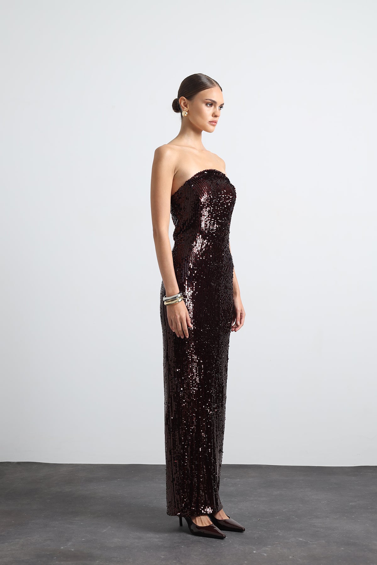Marisse Burgundy Maxi Sequined Dress