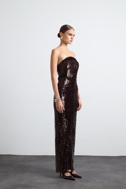 Marisse Burgundy Maxi Sequined Dress