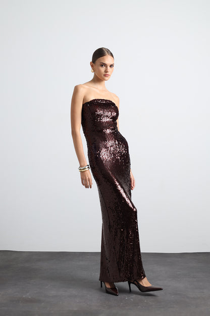 Marisse Burgundy Maxi Sequined Dress