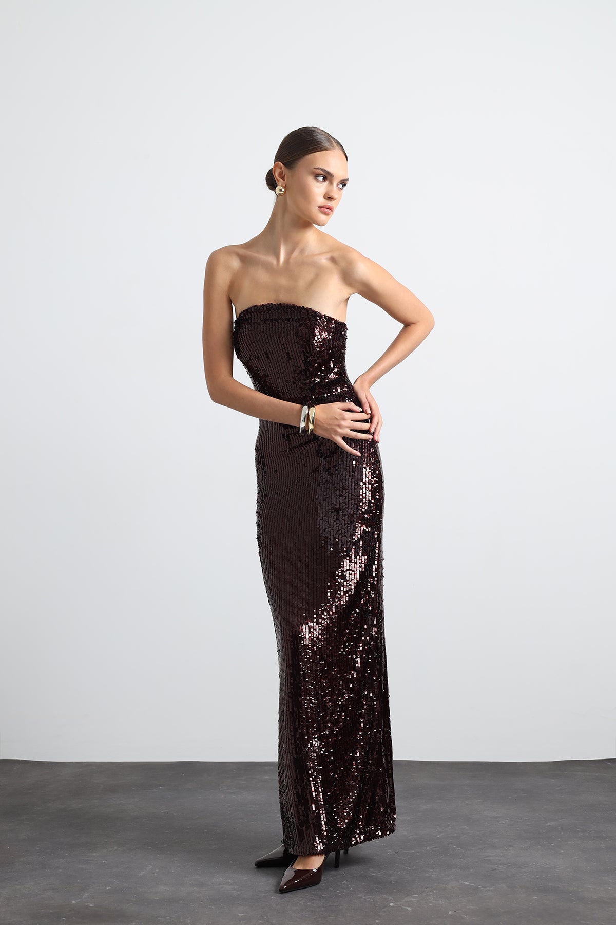 Marisse Burgundy Maxi Sequined Dress