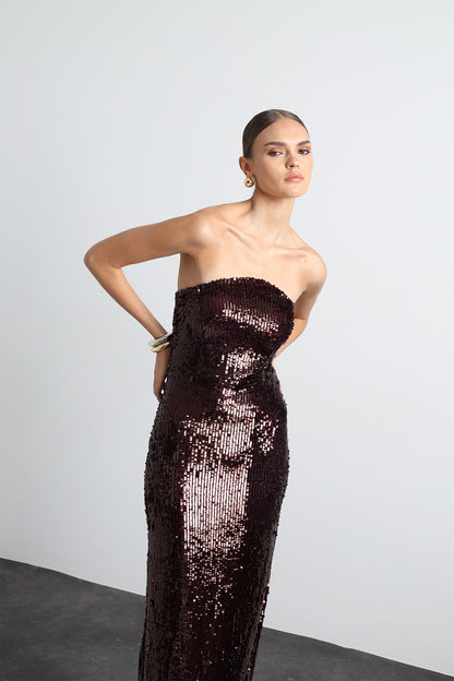 Marisse Burgundy Maxi Sequined Dress