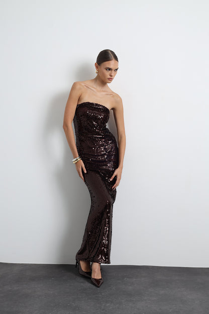 Marisse Burgundy Maxi Sequined Dress