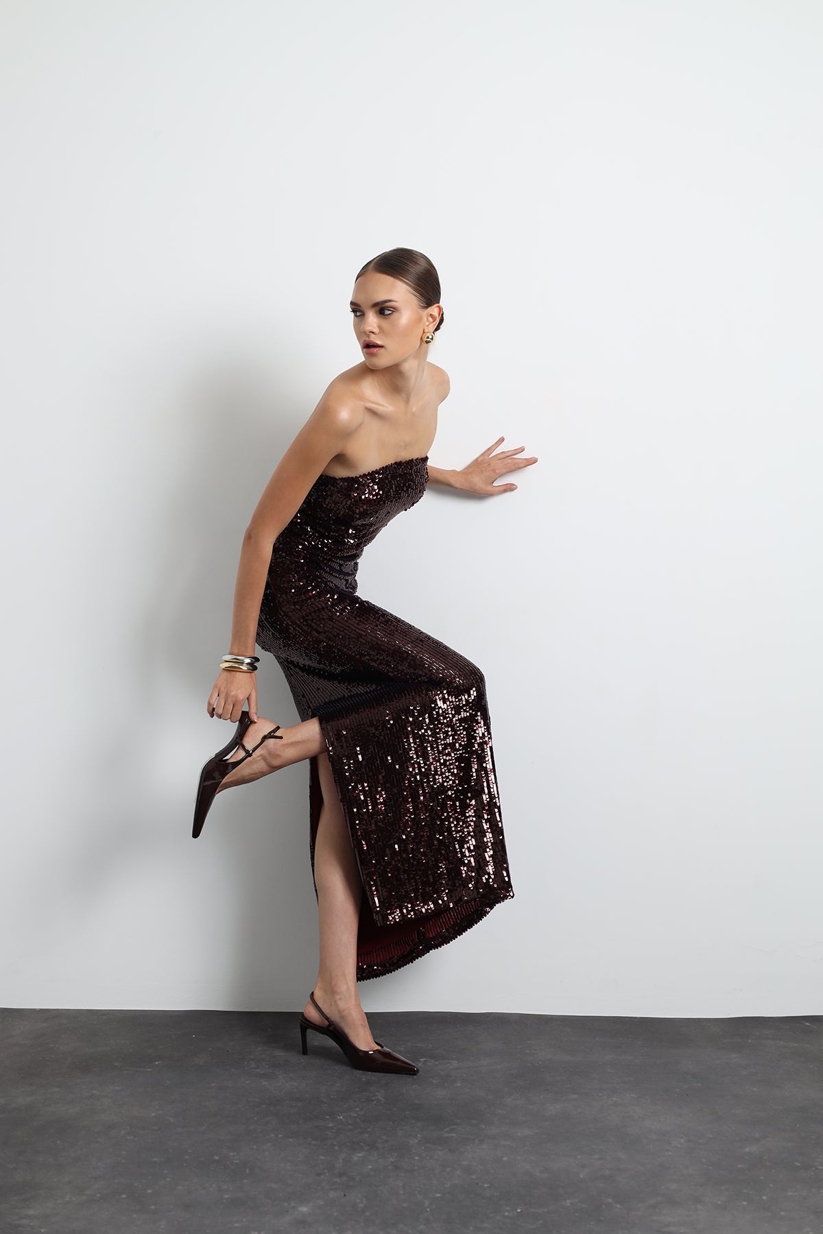 Marisse Burgundy Maxi Sequined Dress
