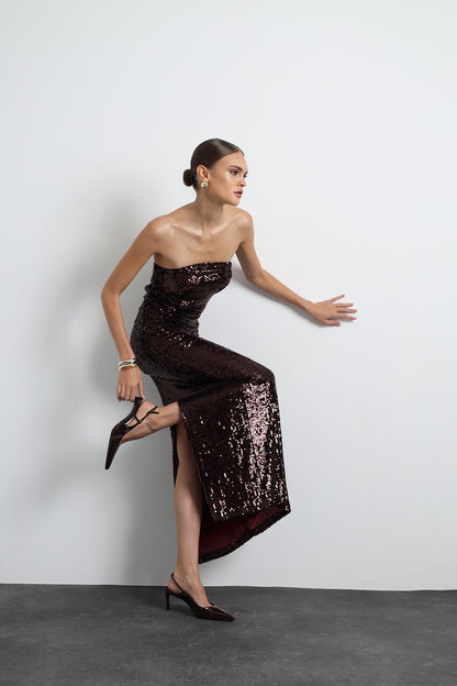Marisse Burgundy Maxi Sequined Dress