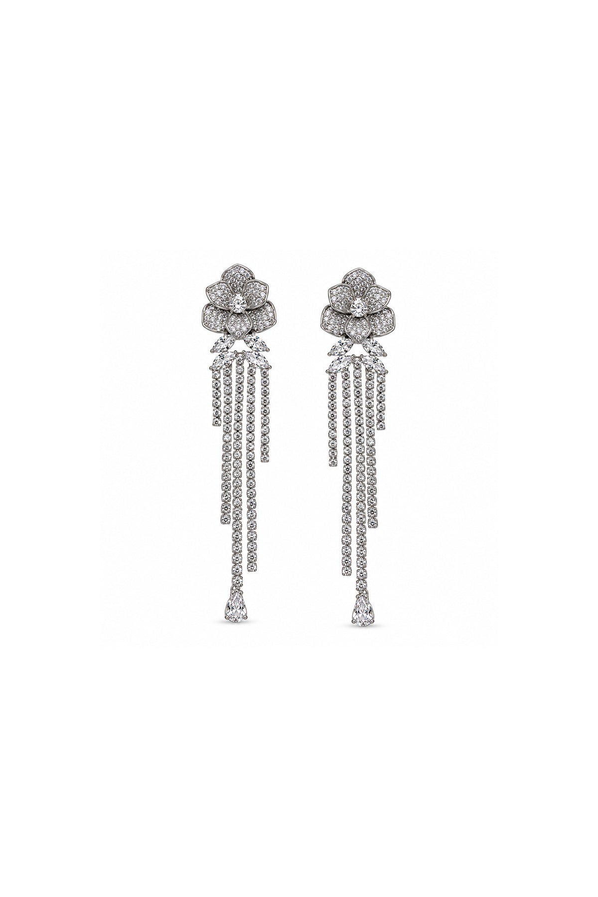 Rosalia Silver-Tone Crystal Floral Drop Evening Earrings