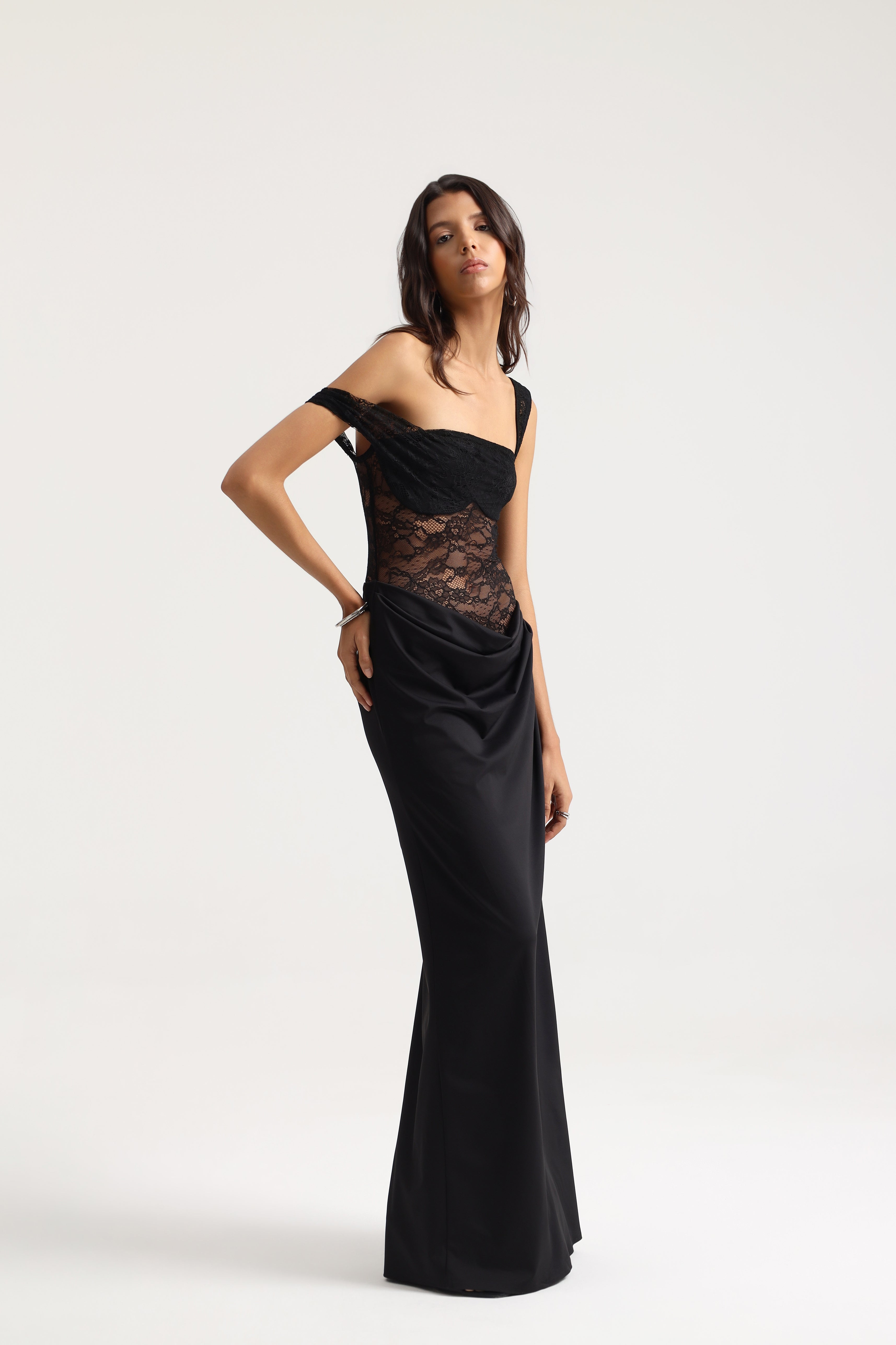 Sevy Sheer Lace Draped Dress in Black