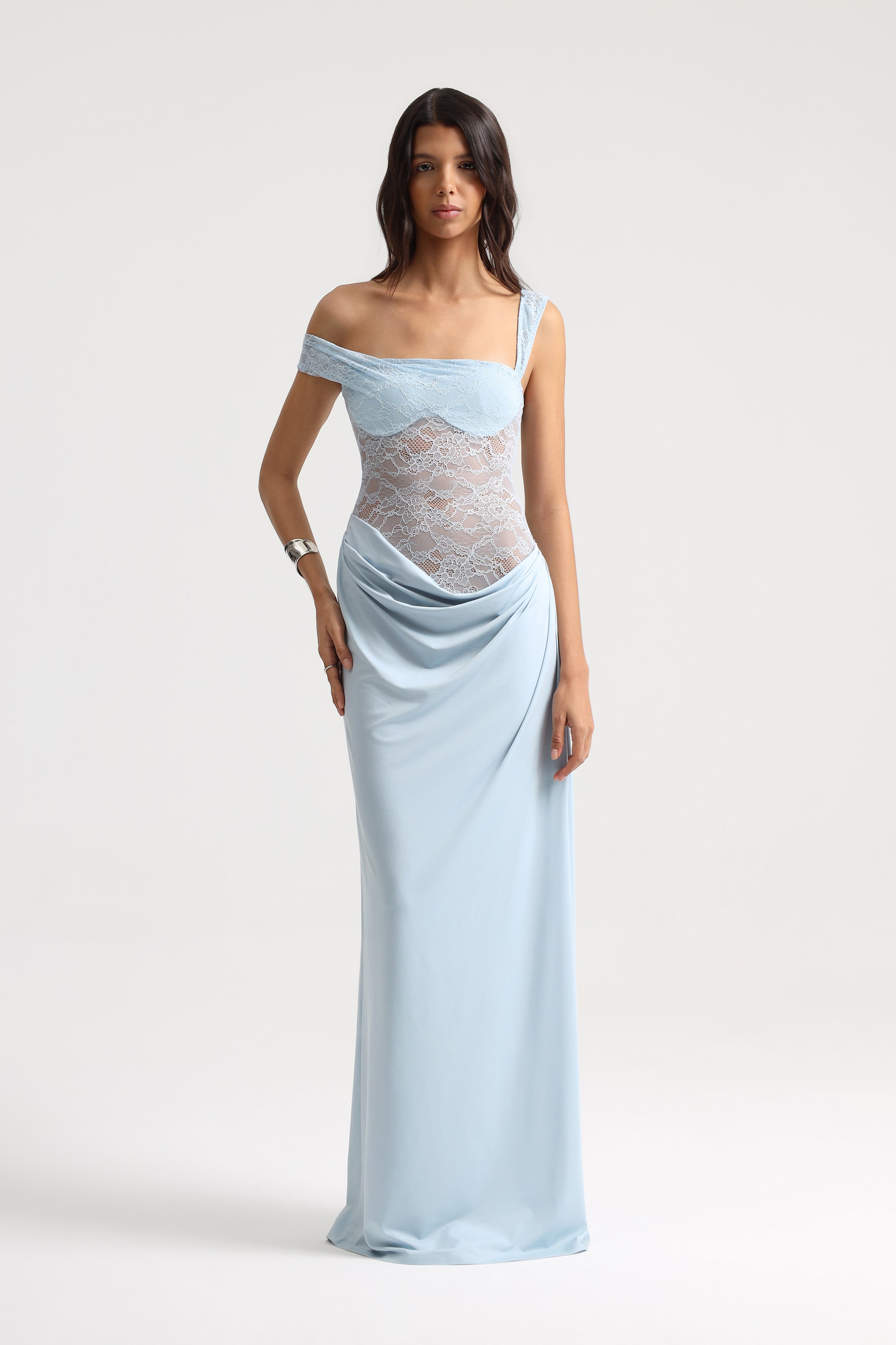 Sevy Sheer Lace Dress in Baby Blue