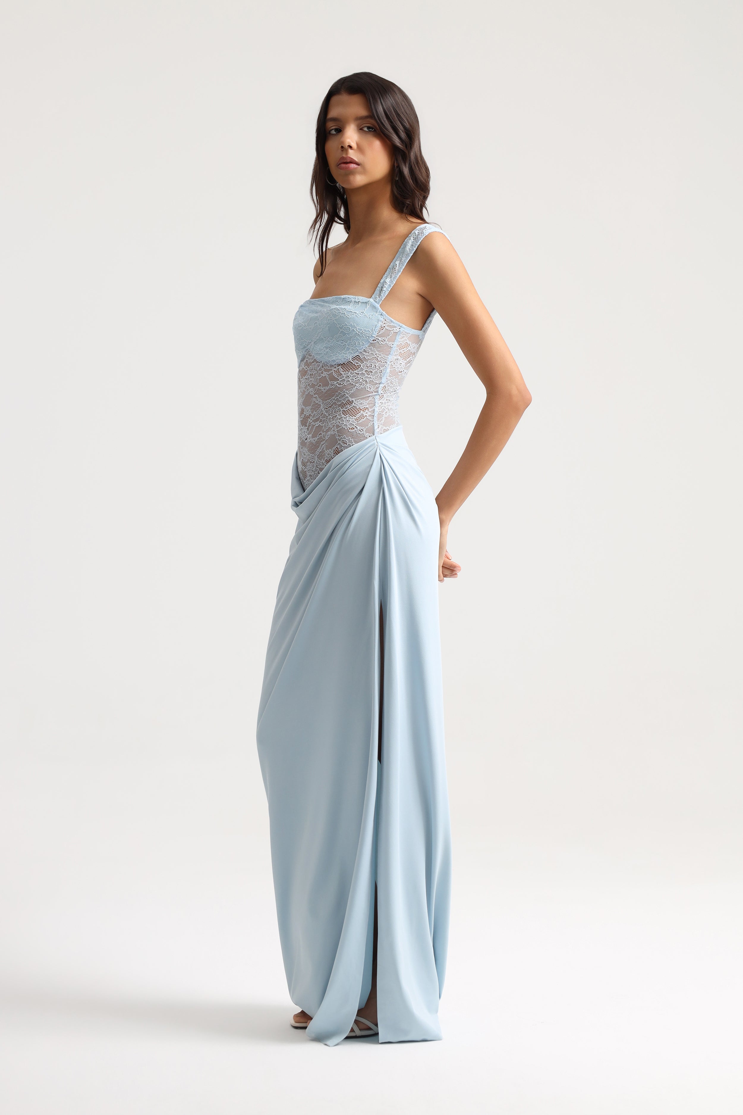 Sevy Sheer Lace Dress in Baby Blue