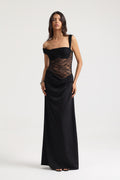 Sevy Sheer Lace Draped Dress in Black